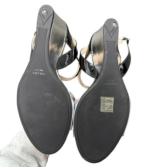 Prada Metallic Silver Black Patent Leather Slingback Wedge Sandal Size 39 / US 9 - Picture 7 of 10